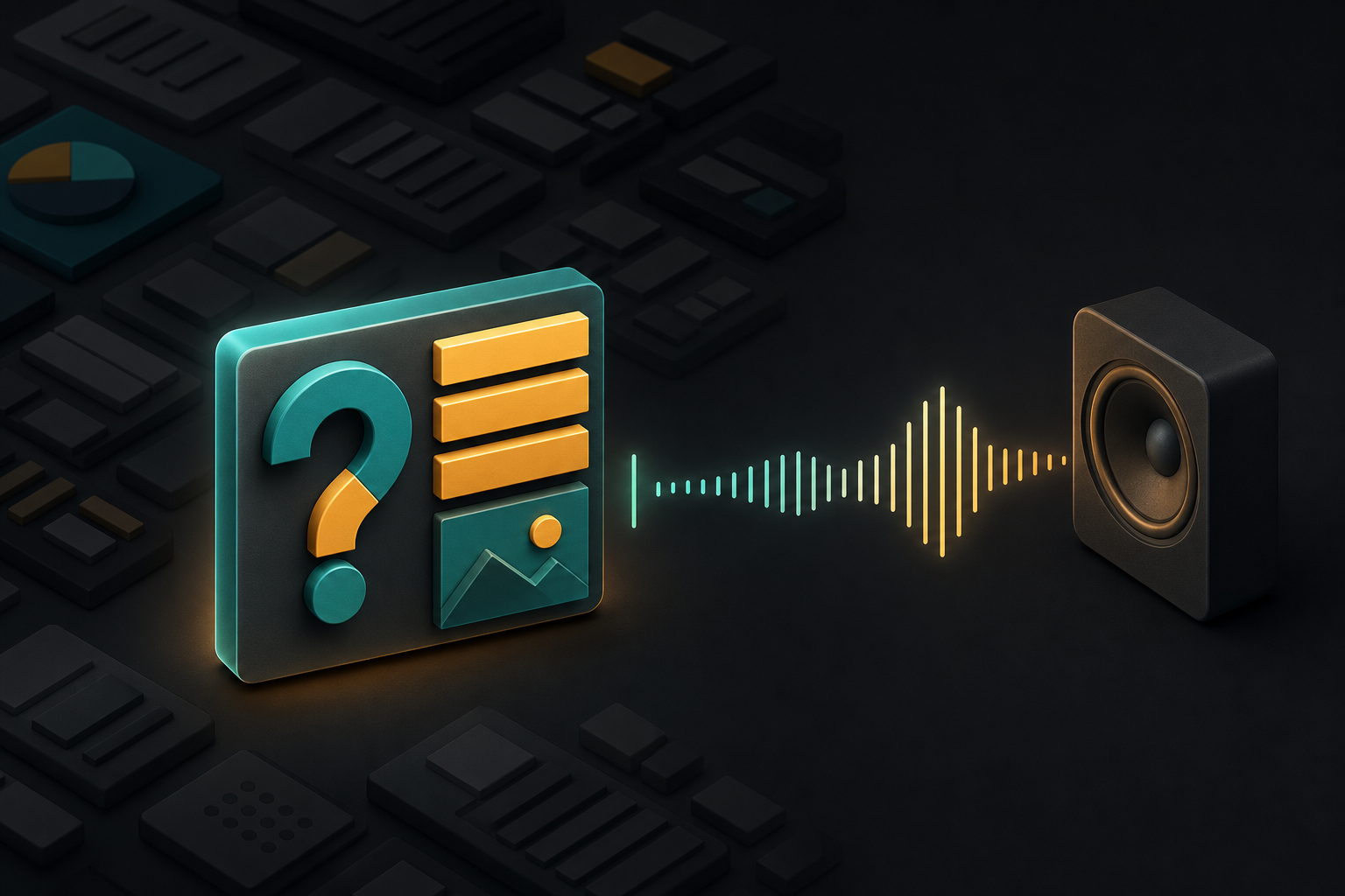A complete illuminated content module sends a sound pulse to a speaker while fragmented page elements recede into the background.