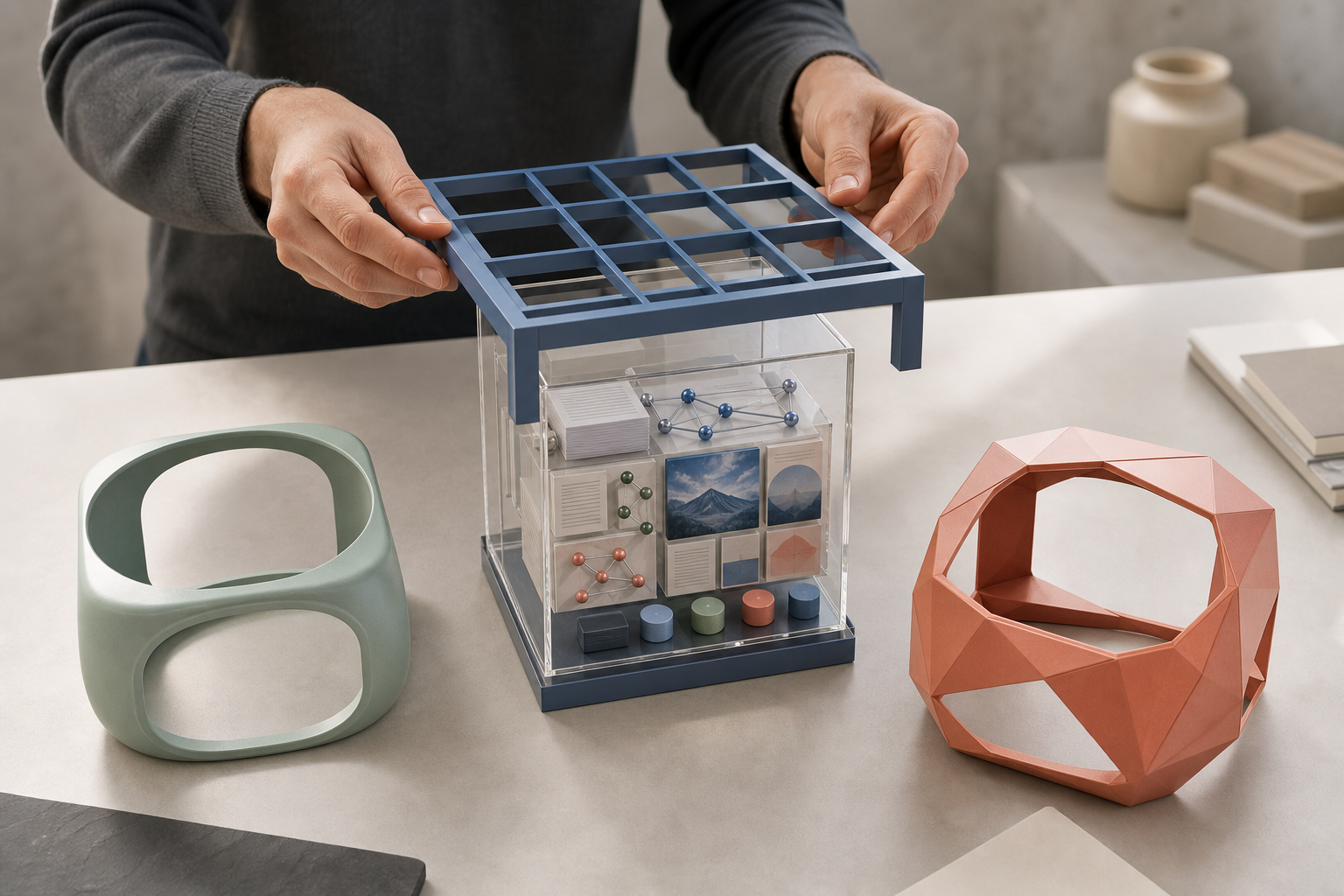 Hands fit interchangeable presentation frames around a transparent cube containing the same factual content blocks.