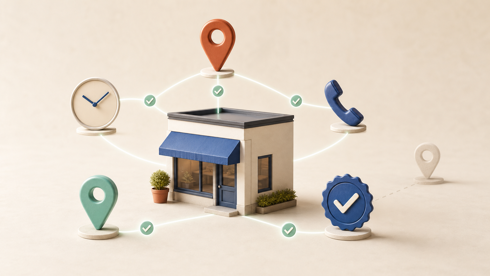 An unbranded storefront connects to location, phone, hours, and verification symbols with matching check marks.