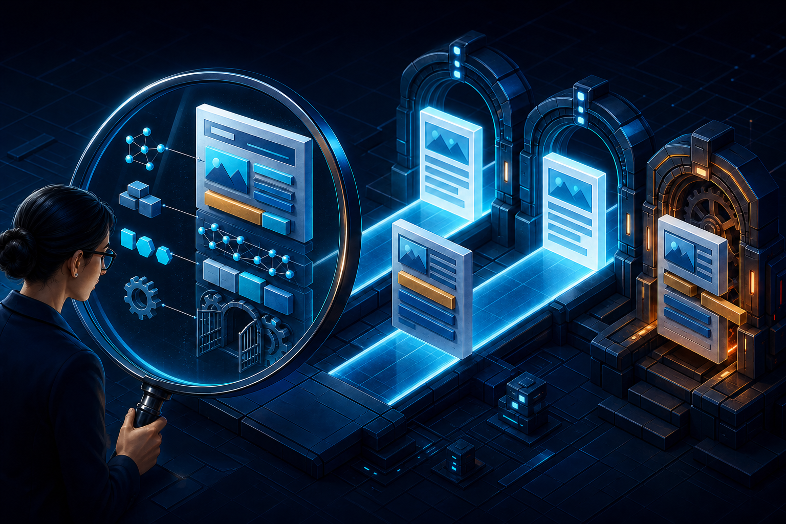 A specialist inspects a modular web page that passes through two digital gateways but is blocked at a third.