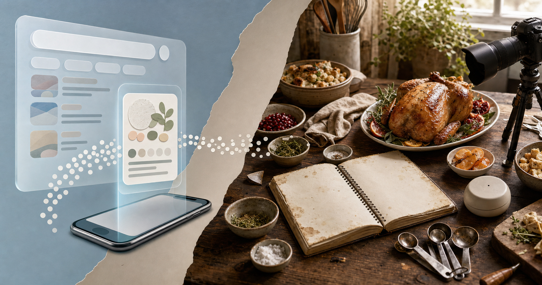 A holiday meal and recipe-testing setup sit beside a translucent search interface that compresses the food and cooking steps into a small answer card.