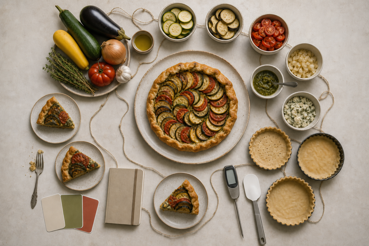 An overhead arrangement shows a finished vegetable tart surrounded by ingredients, preparation stages, tools, and test slices.
