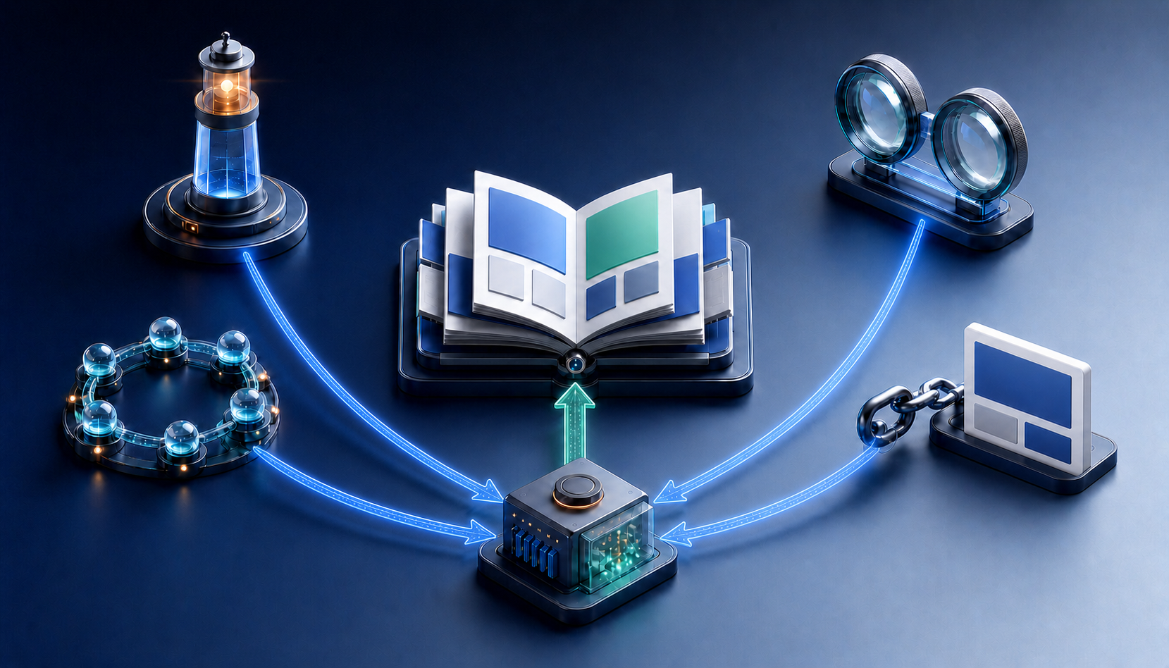 Four symbolic signal objects connect a modular content asset to a refinement station in a continuous circular feedback loop.