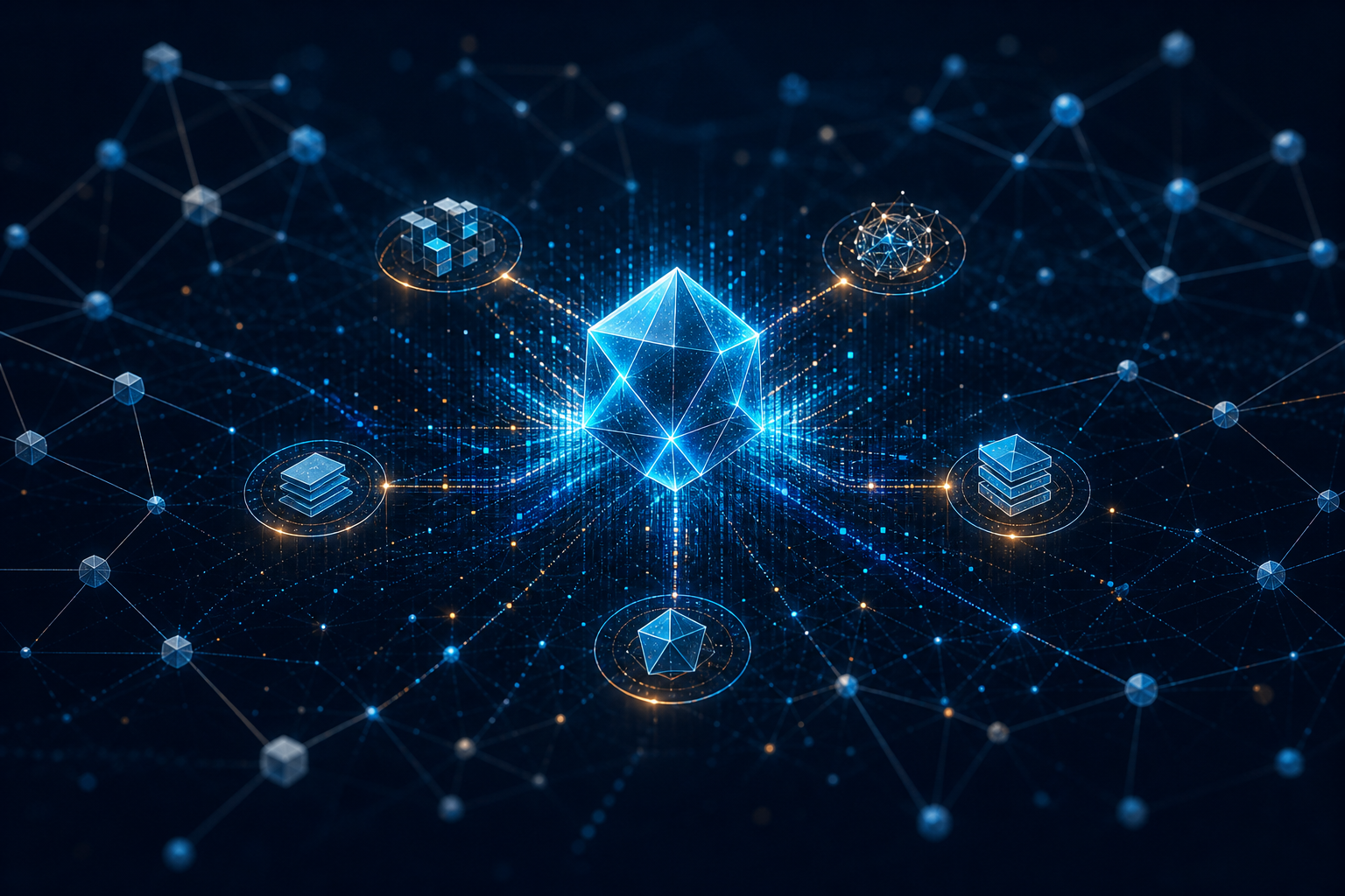 A luminous geometric form emerges from scattered digital signals and connects to a constellation of surrounding source nodes.