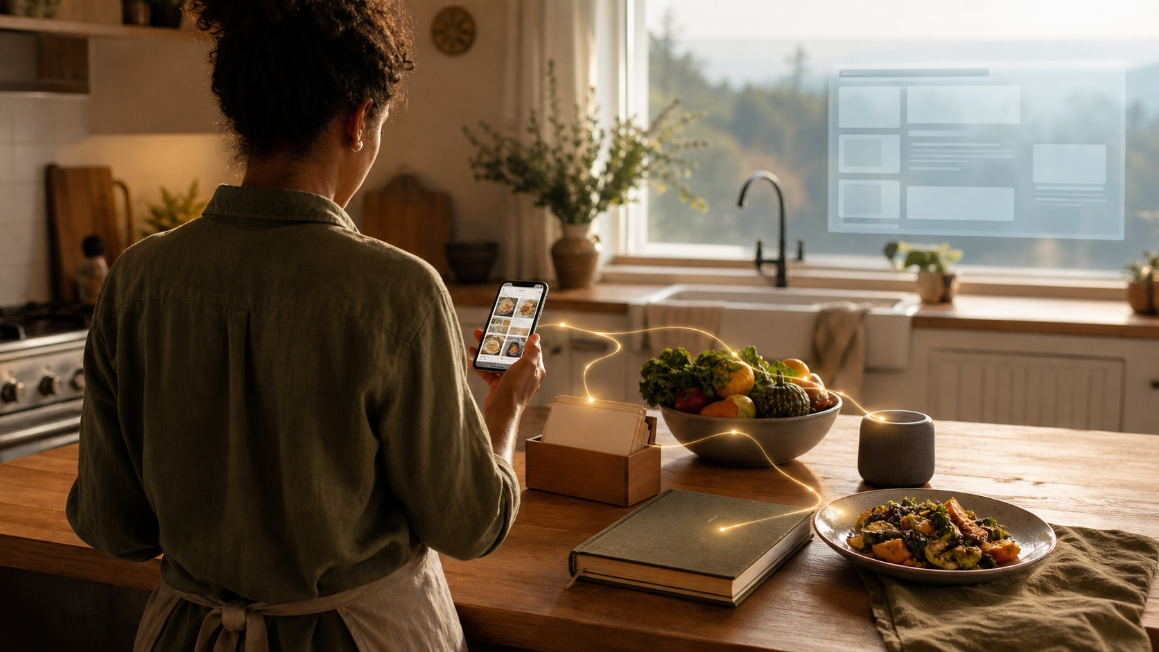 A home cook uses a phone in a warm kitchen where a glowing path connects the device to a recipe box, cookbook, produce, speaker, and prepared dish.