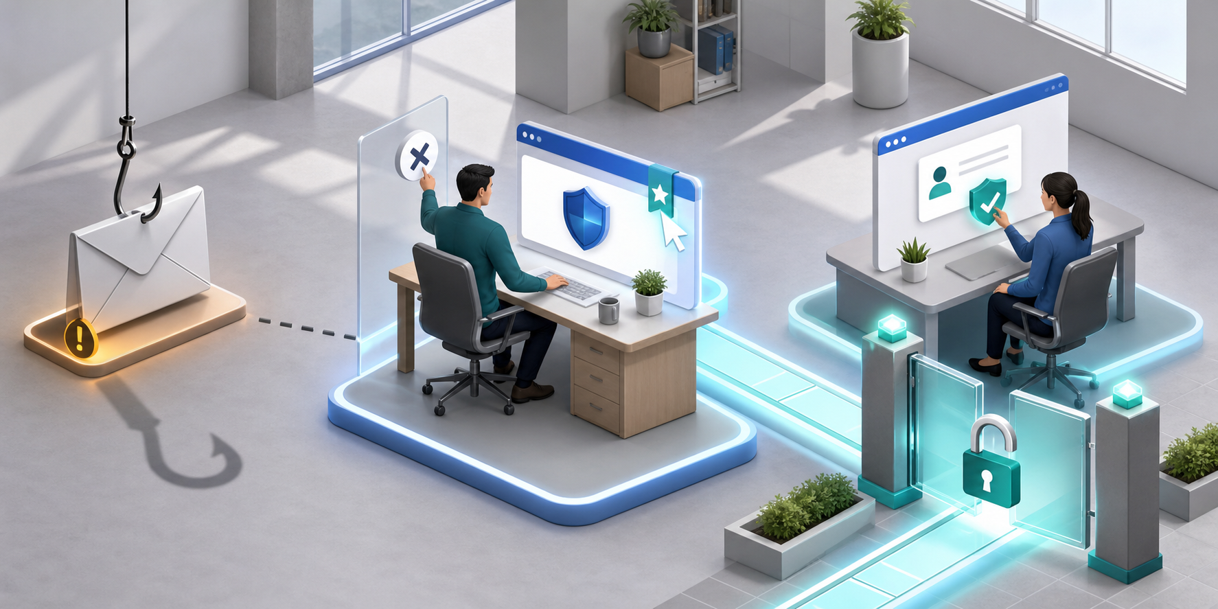 An employee ignores a suspicious email and uses a verified browser portal where a second colleague reviews an access request.