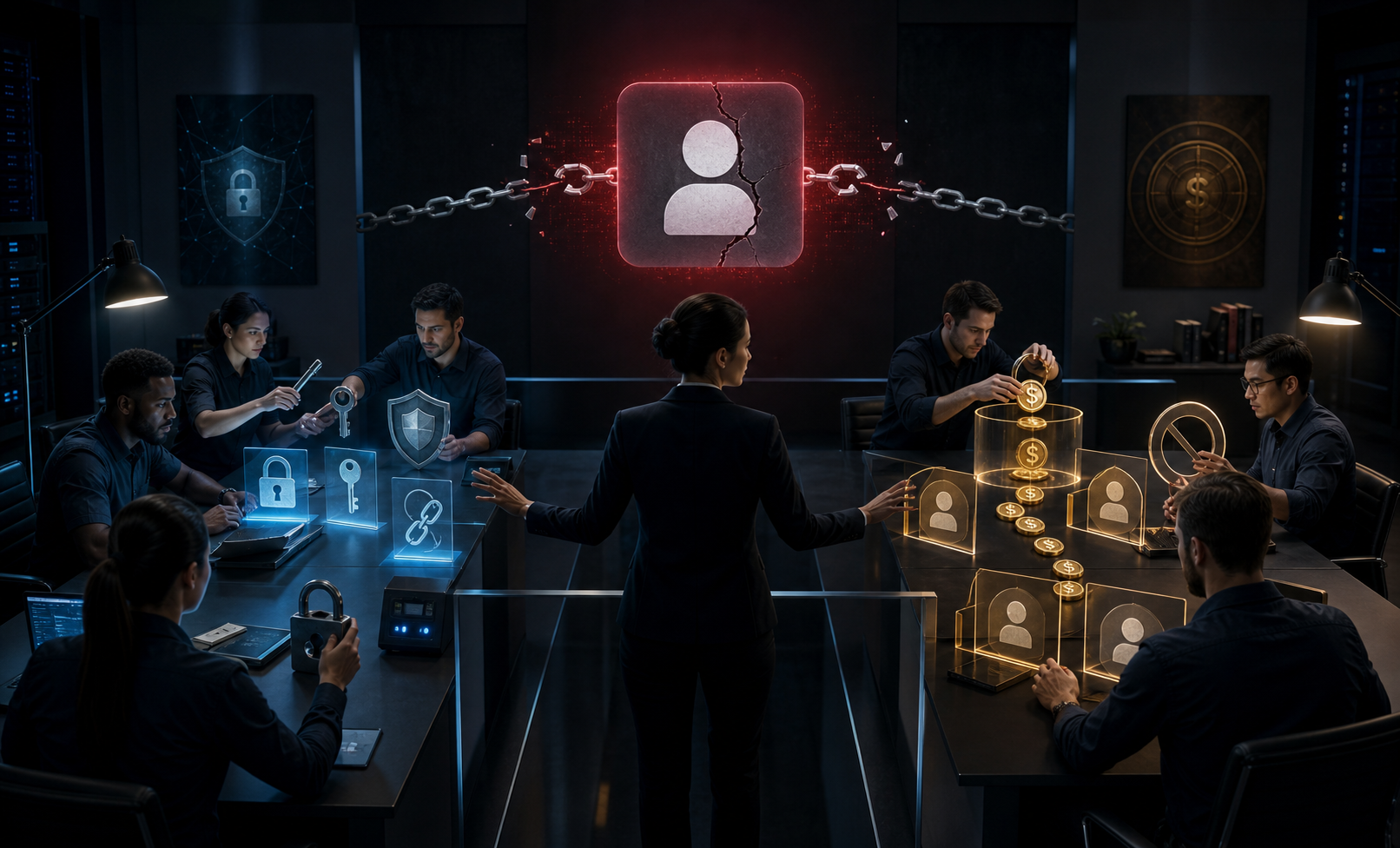 Two incident-response teams separately contain compromised account access and advertising spending while a coordinator oversees both efforts.