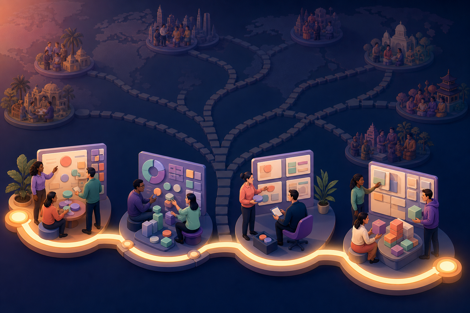 A small team completes one illuminated four-stage workflow while unopened paths extend toward additional regions.