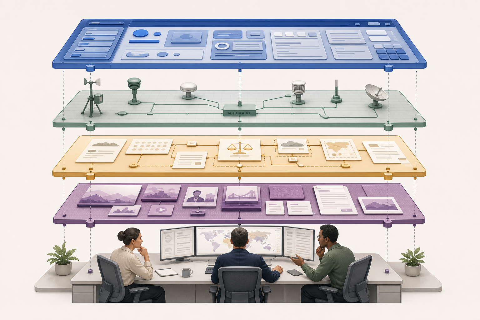 An analyst and two colleagues examine four separated layers representing interface, measurement, interpretation, and content.