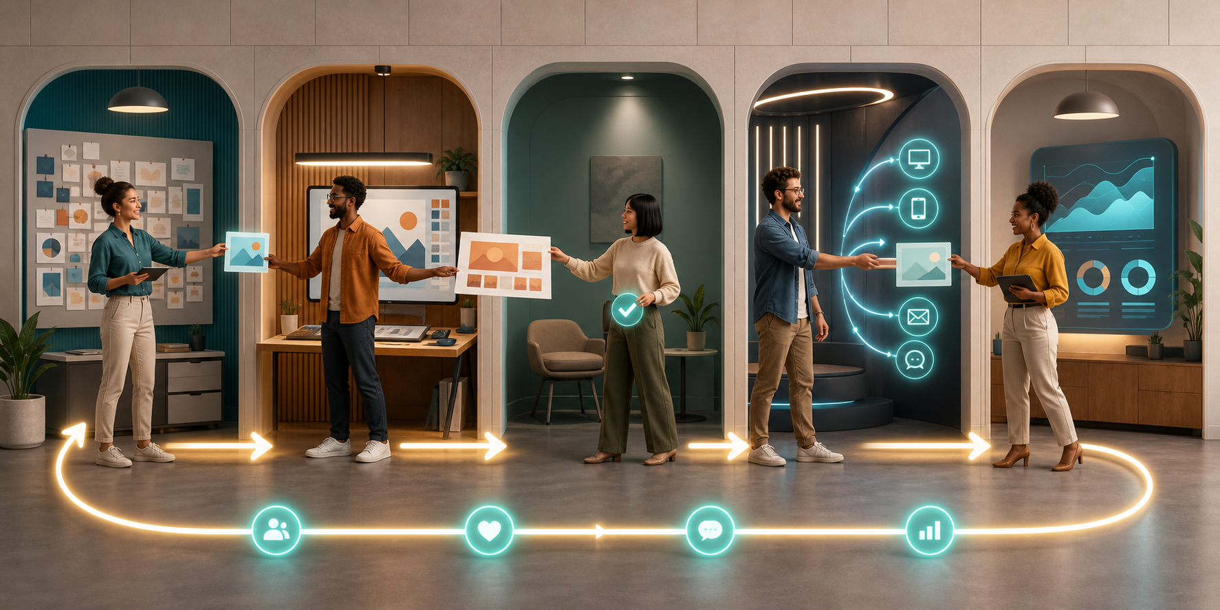 Five connected campaign stations show team members handing work from research and creation through approval, publishing, and measurement.