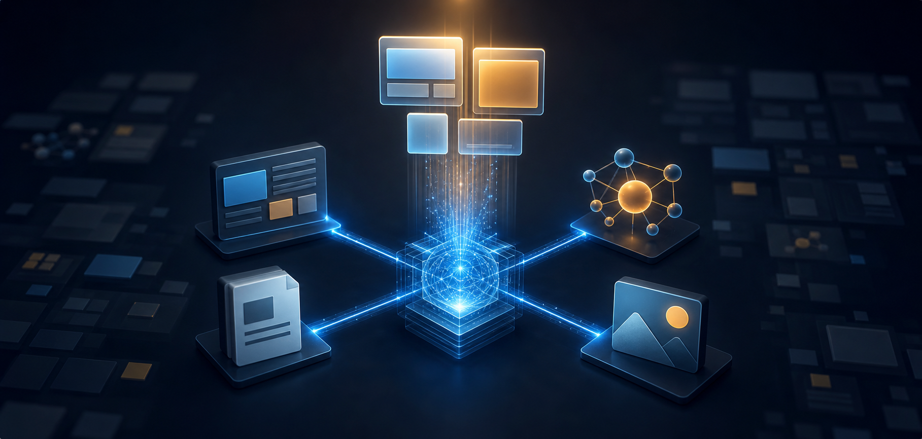 A glowing retrieval system connects a web page, entity node, document, and image to an assembled answer made of illuminated tiles.