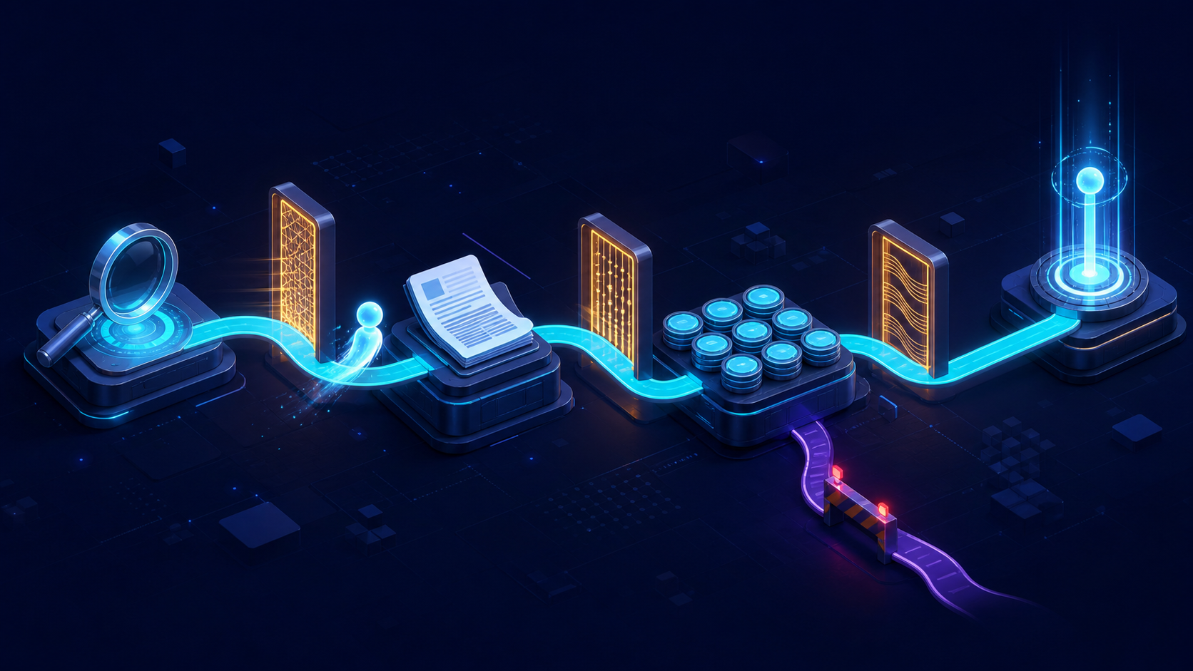 A luminous AI agent travels through search, web document, fact extraction, and source-link stations along a pathway with three gateways and one blocked side route.