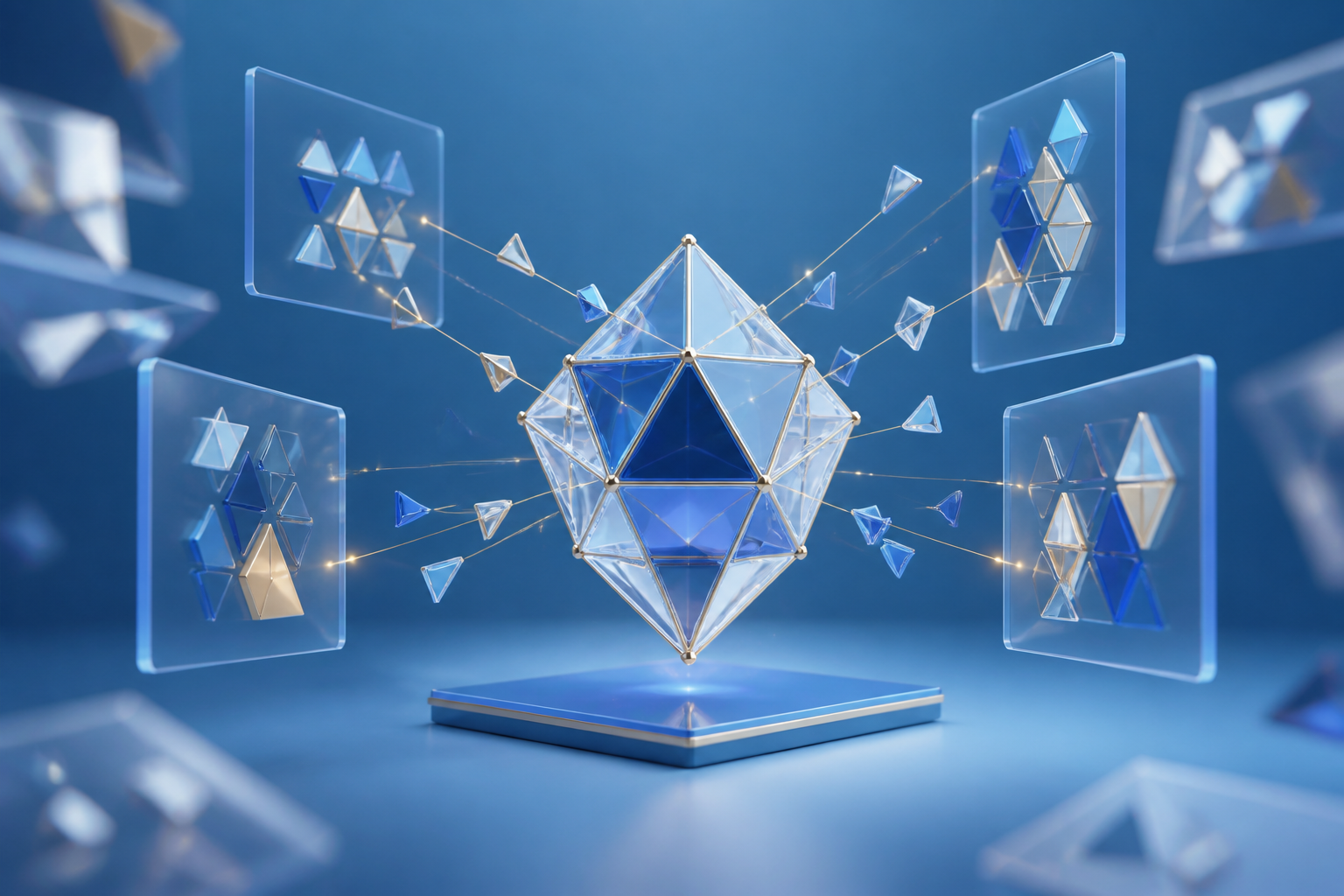 Matching fragments from several digital surfaces converge to form one clear multifaceted object.