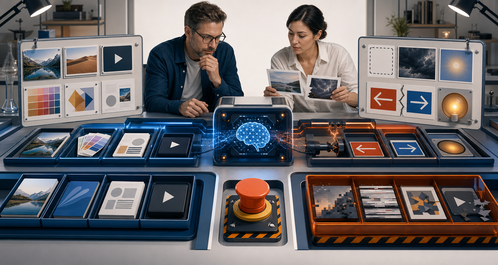 Two marketers test an AI tool with normal campaign materials and problematic inputs while checking its outputs against source cards.