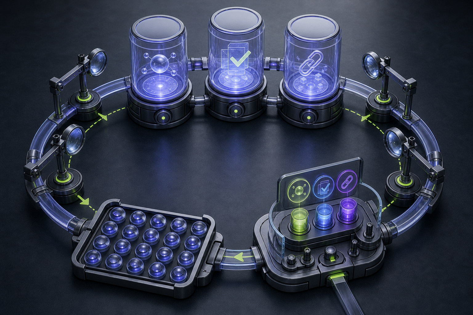 A circular tabletop system sends identical prompt tokens through response chambers, inspection lenses, and an adjustment station.