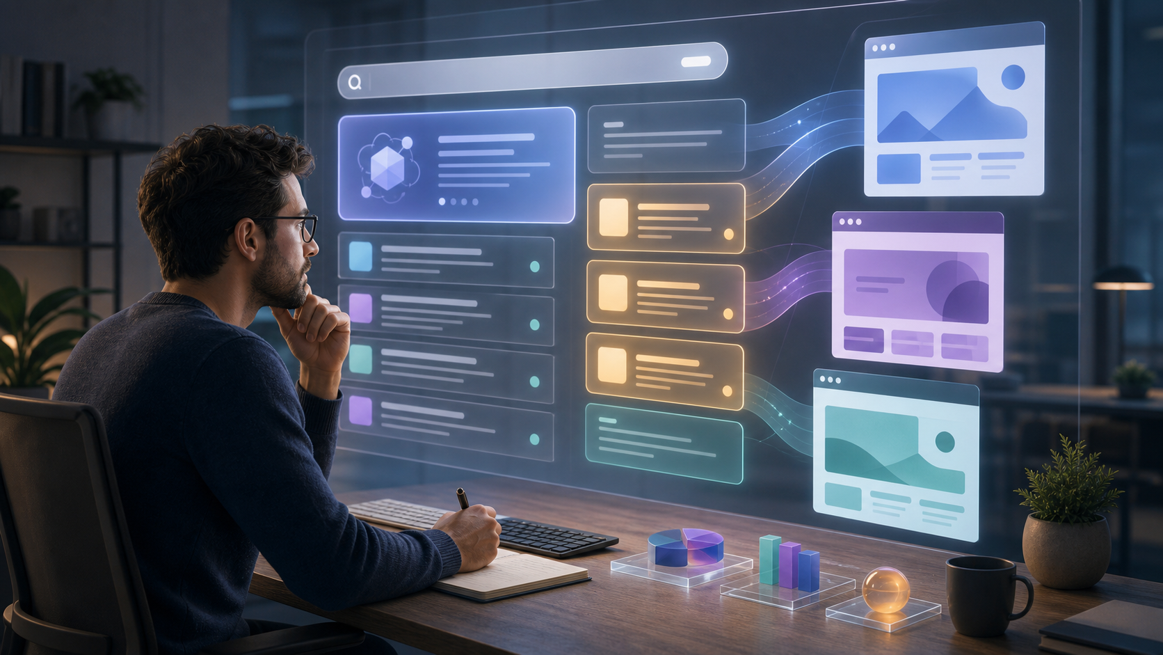 A search marketer studies layered AI answer, organic result, and sponsored result panels flowing toward landing pages on a large screen.