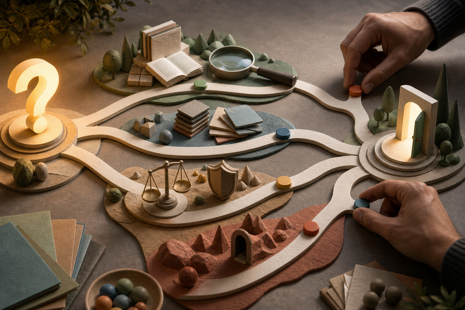 A strategist's hands place markers on branching tabletop paths that pass research, comparison, risk, and selection objects before converging.