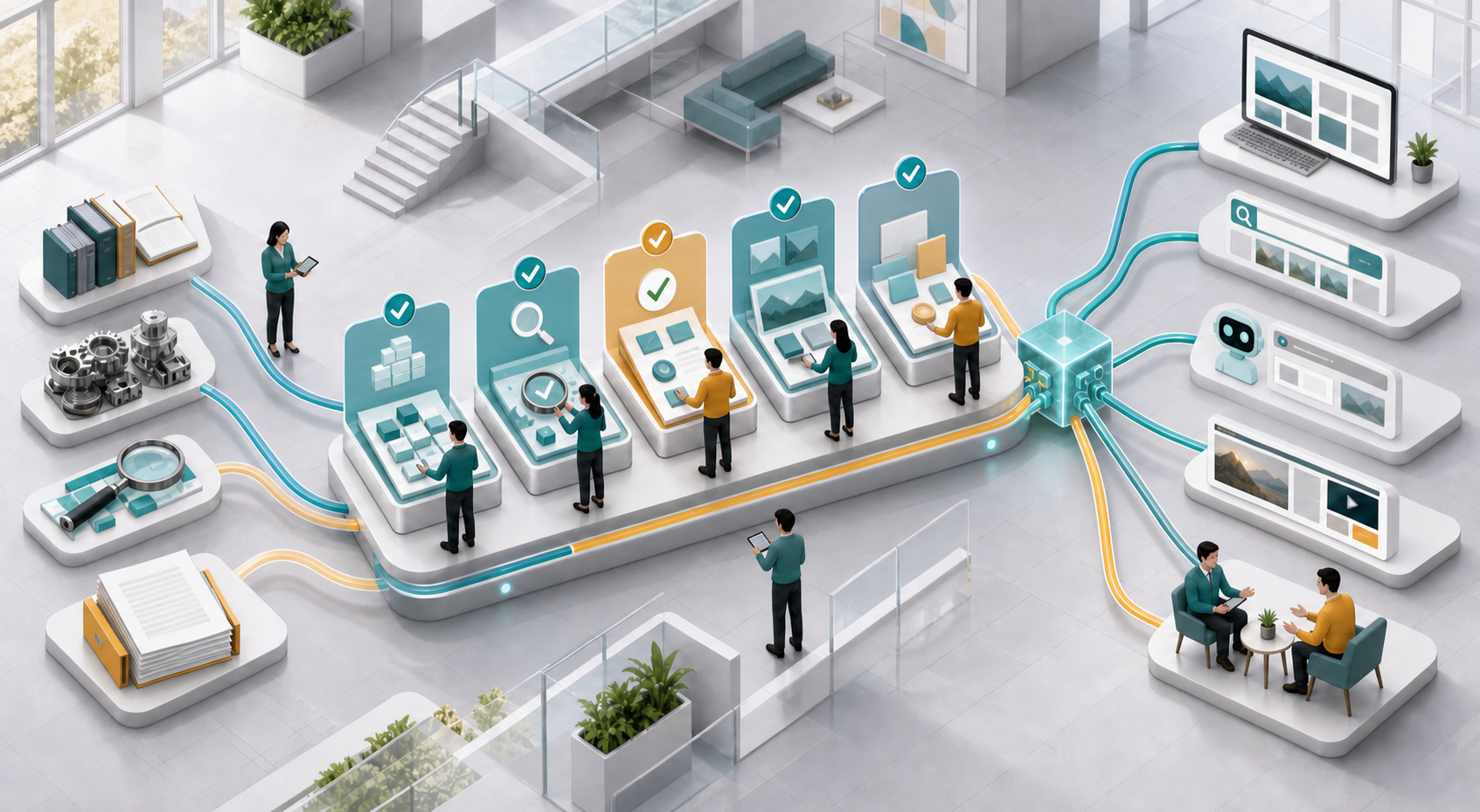 An isometric workflow moves source materials through verification and publishing stations before branching to web, search, AI, media, and sales channels.