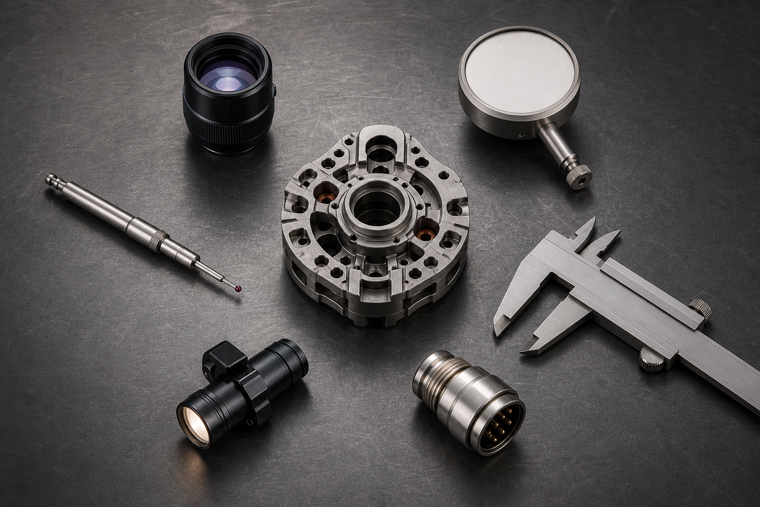 Six different precision inspection tools surround a complex machined component on a clean industrial workbench.
