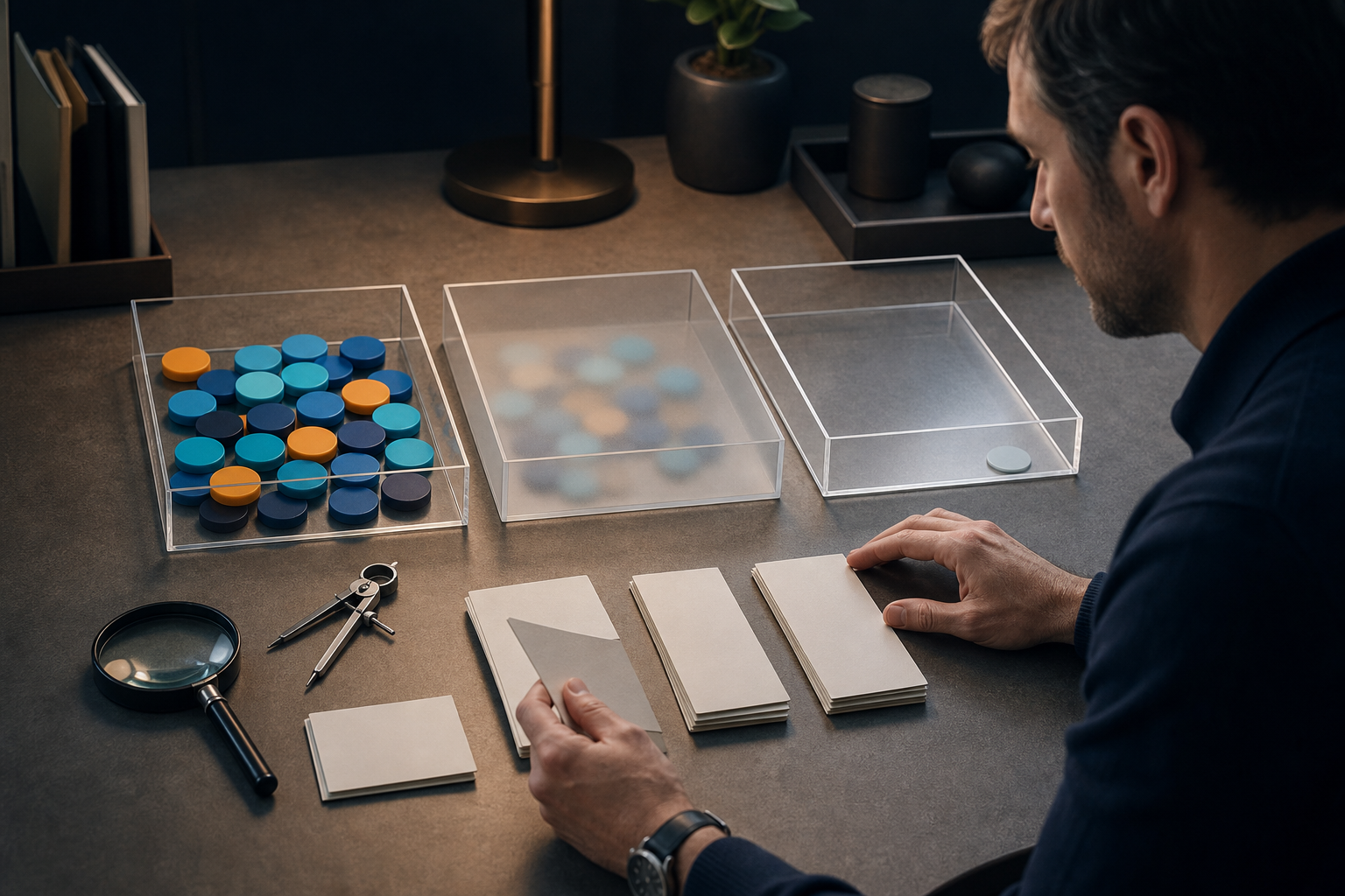 An analyst separates solid, hazy, and missing result tokens into translucent trays while examining them with measurement tools.