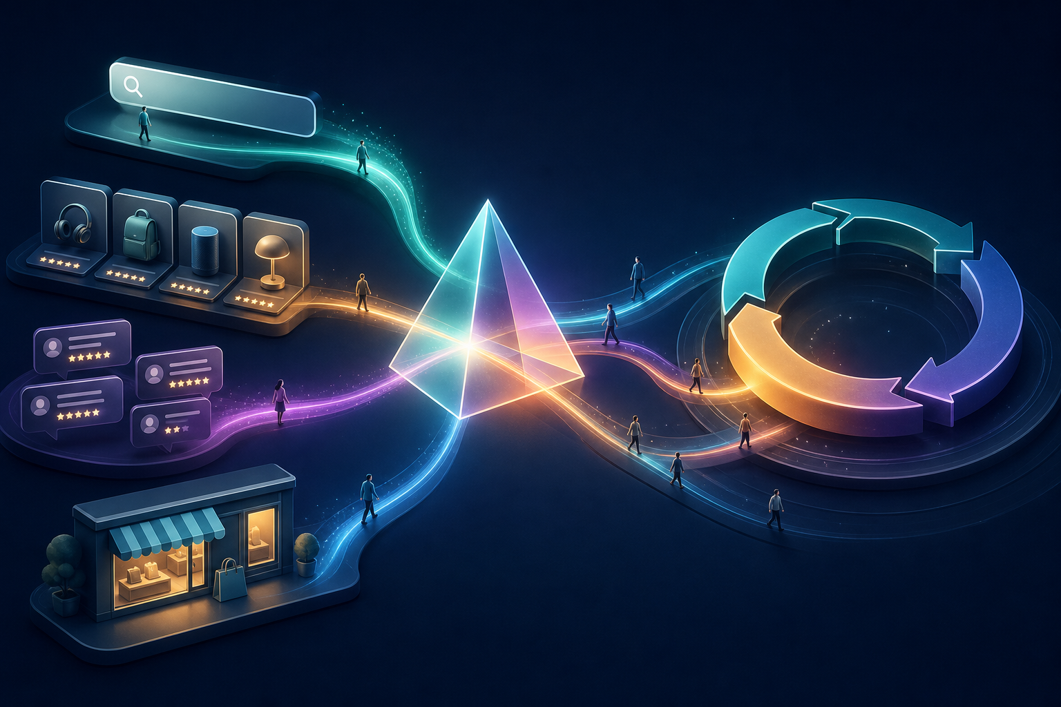 Editorial illustration of buyers moving through interconnected search, comparison, review, AI discovery, and commerce pathways toward a glowing growth flywheel.