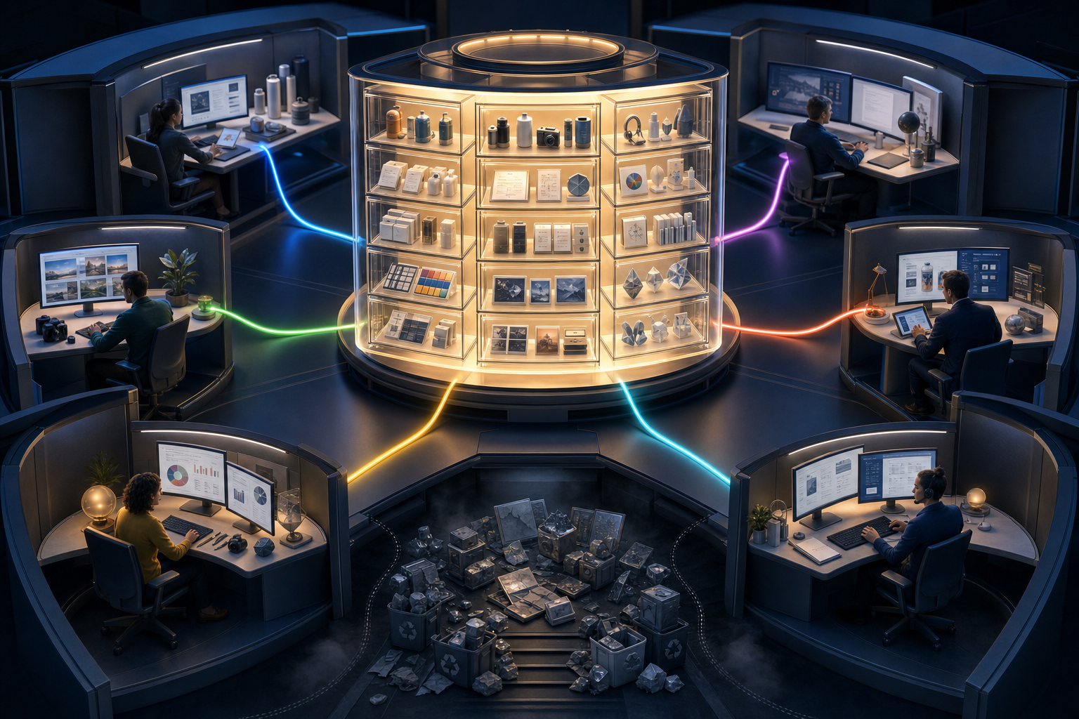 Six workplace teams connect to one illuminated central archive containing organized product facts, evidence, policies, insights, and visual assets.