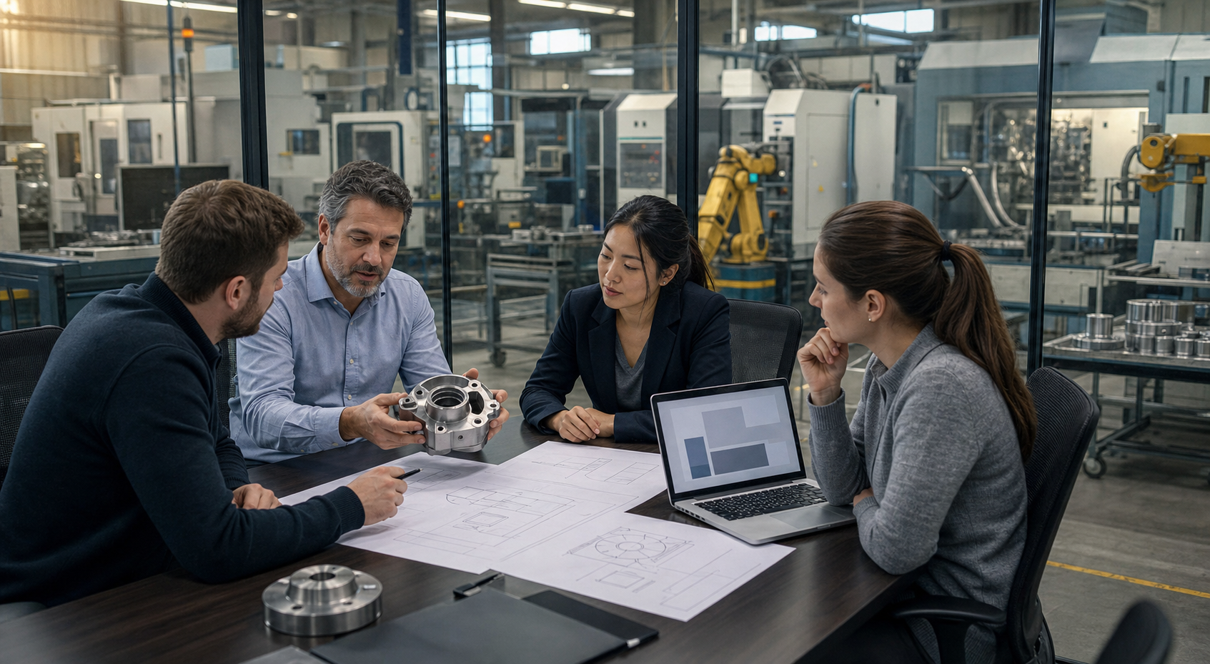 An engineer, a commercial leader, and two agency specialists review an industrial component during a factory-side handoff meeting.