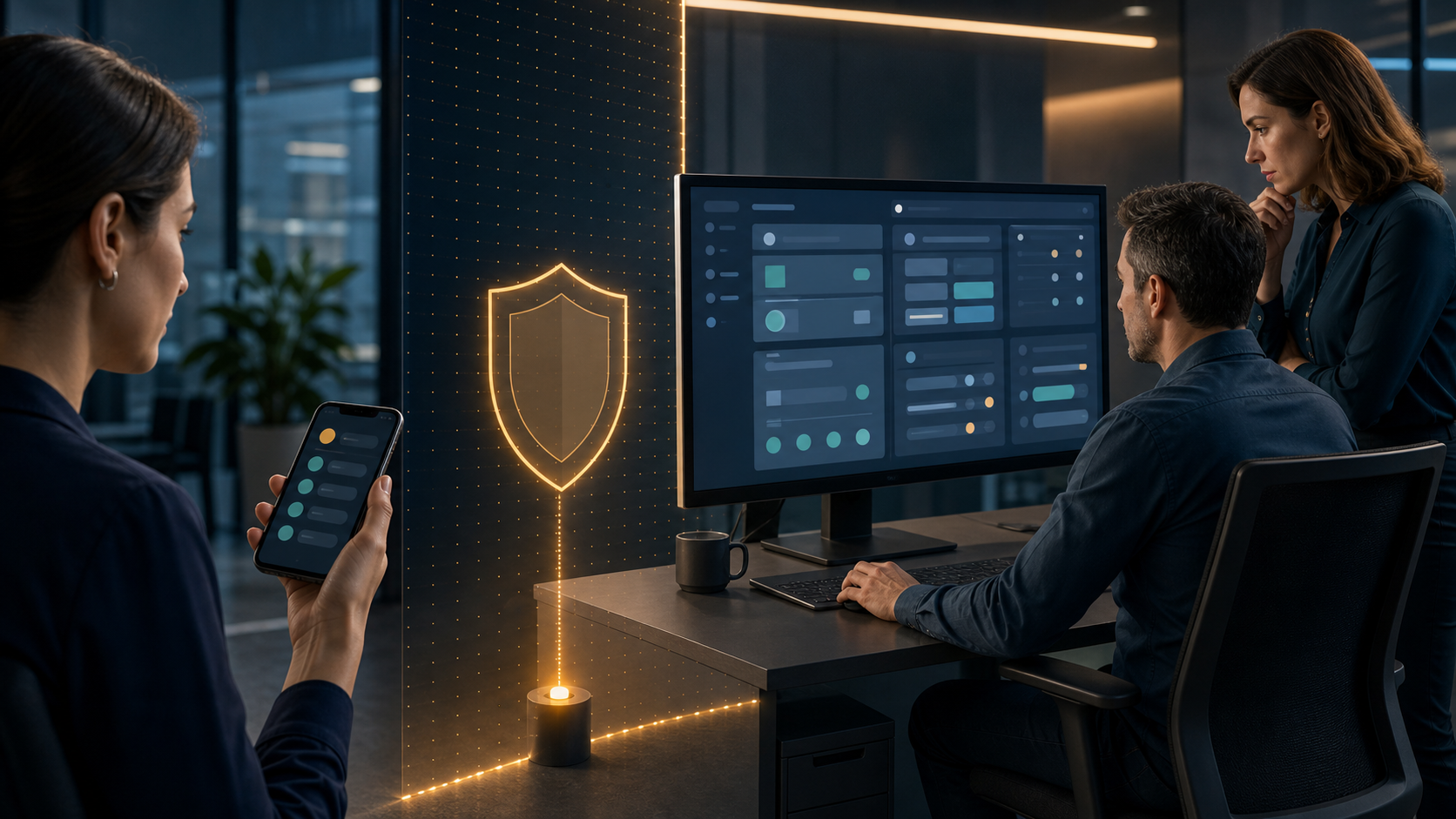 One team member checks abstract status indicators on a phone while an authorized operator and reviewer verify changes at a desktop workstation.