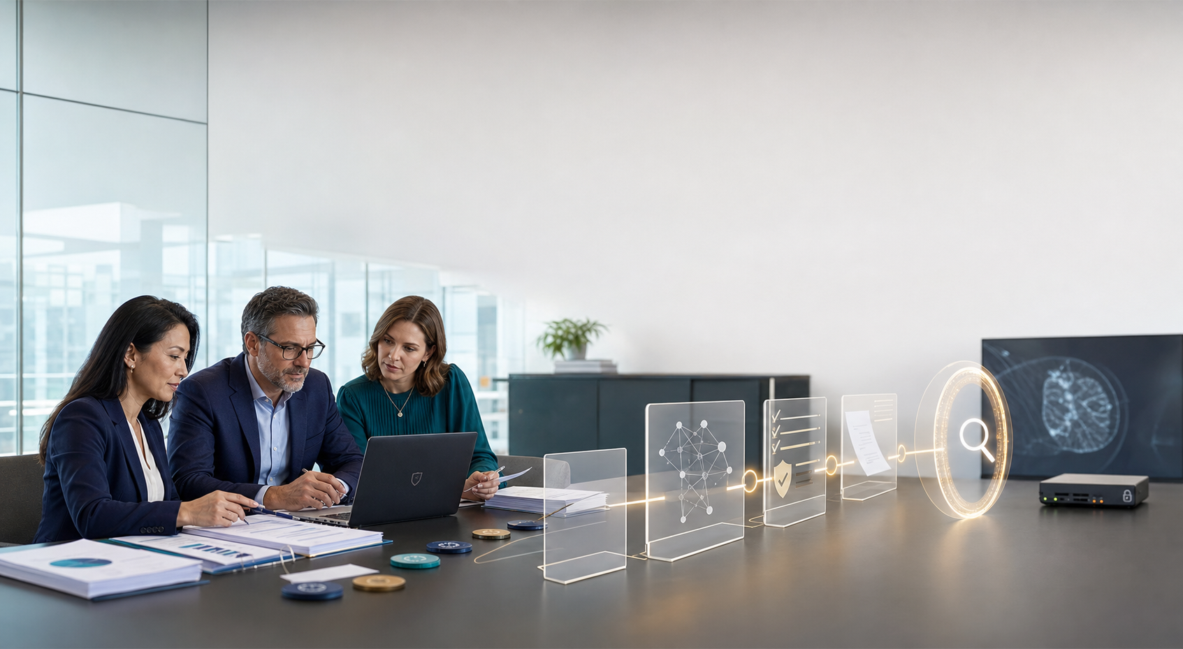 Three professionals review source materials and a secure laptop beside abstract healthcare and cybersecurity objects in a glass-walled meeting room.