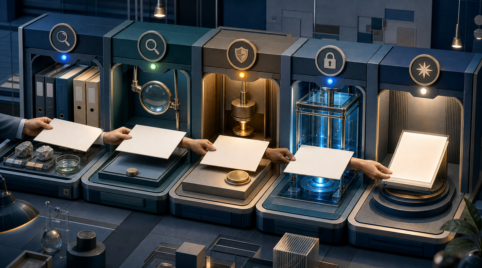 A document passes through evidence, expert review, compliance approval, secure implementation, and publication workstations.