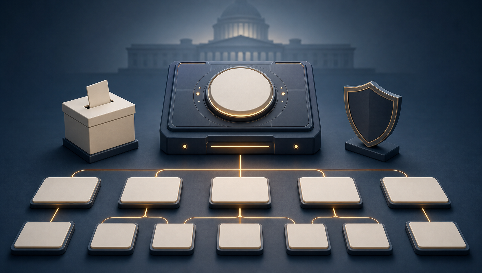 A central advertising control console branches into several campaign tiles beside a ballot box and protective shield.