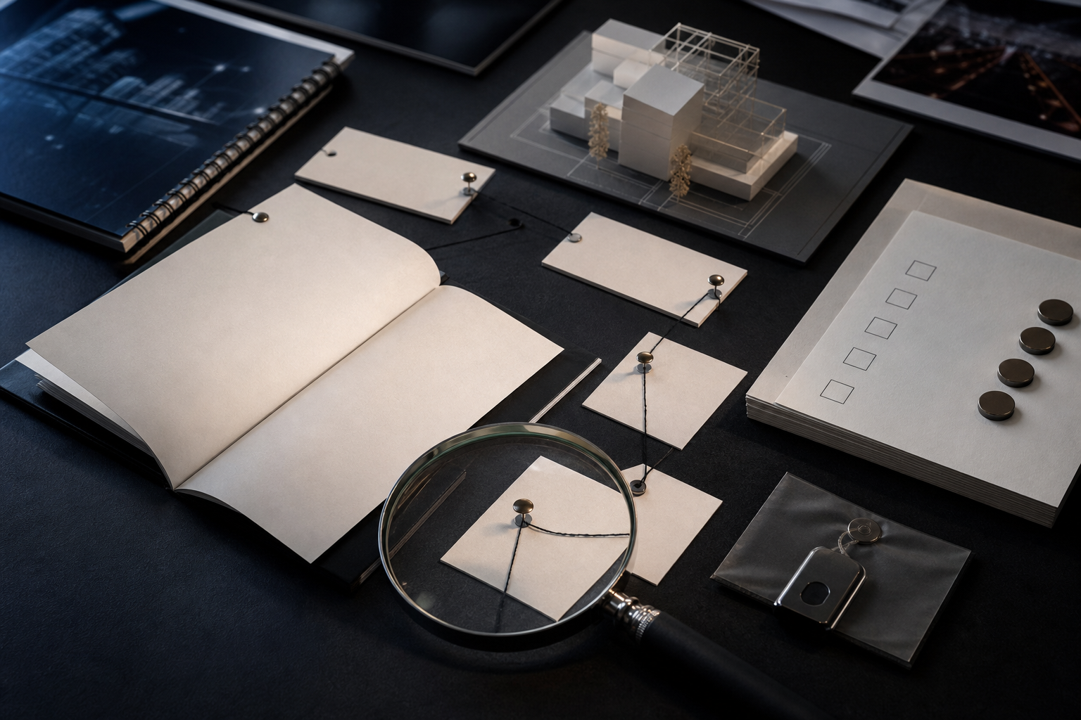 A magnifying lens rests over connected evidence cards, blank documents, a technical model, and a security key on a dark workbench.