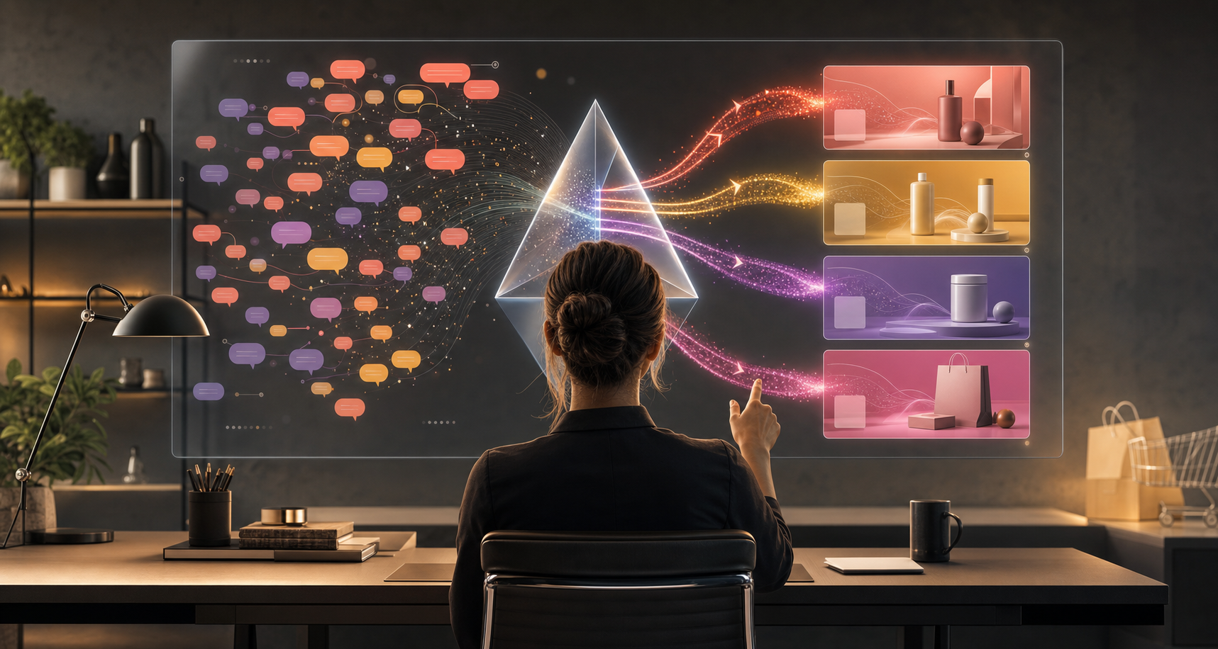 A marketer reviews an abstract interface that transforms clusters of online conversations into advertising and shopping concepts.