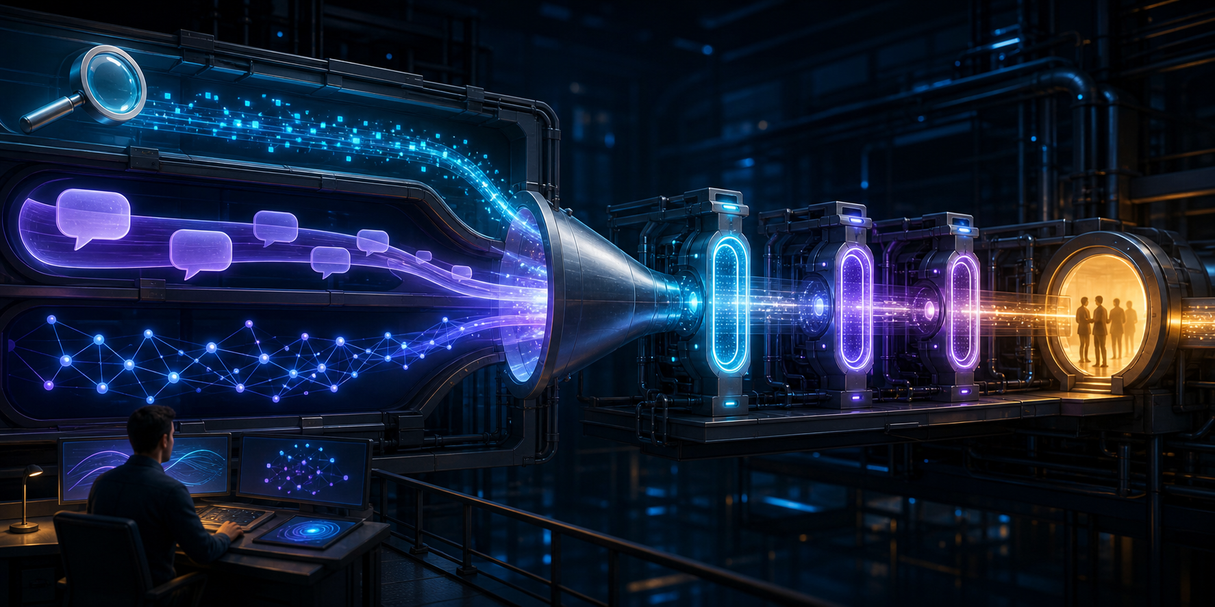 Three digital discovery pathways converge into a funnel that feeds qualification gates and a customer pipeline.