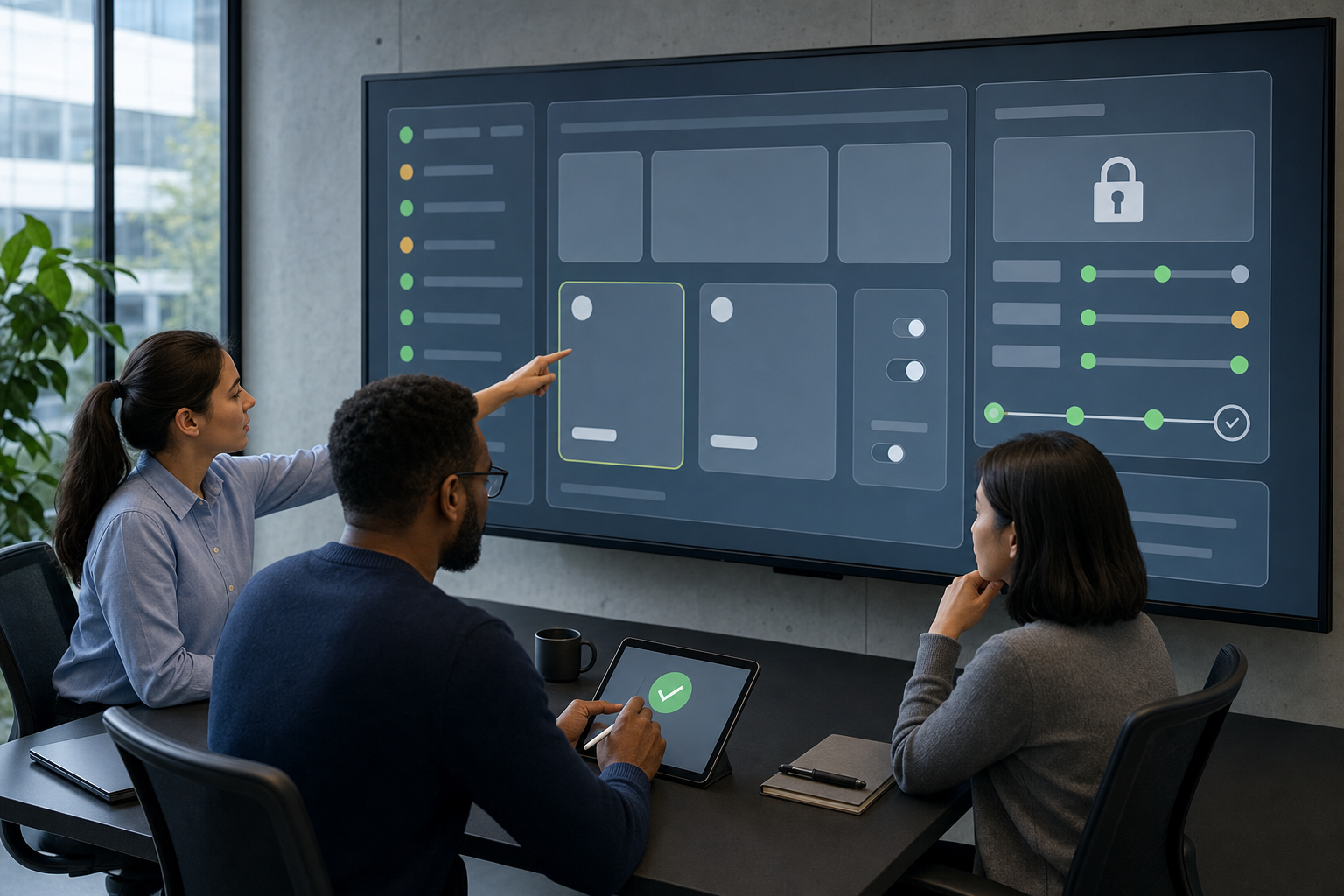Three compliance team members review blank account controls, approval symbols, campaign tiles, and status lights in an operations room.