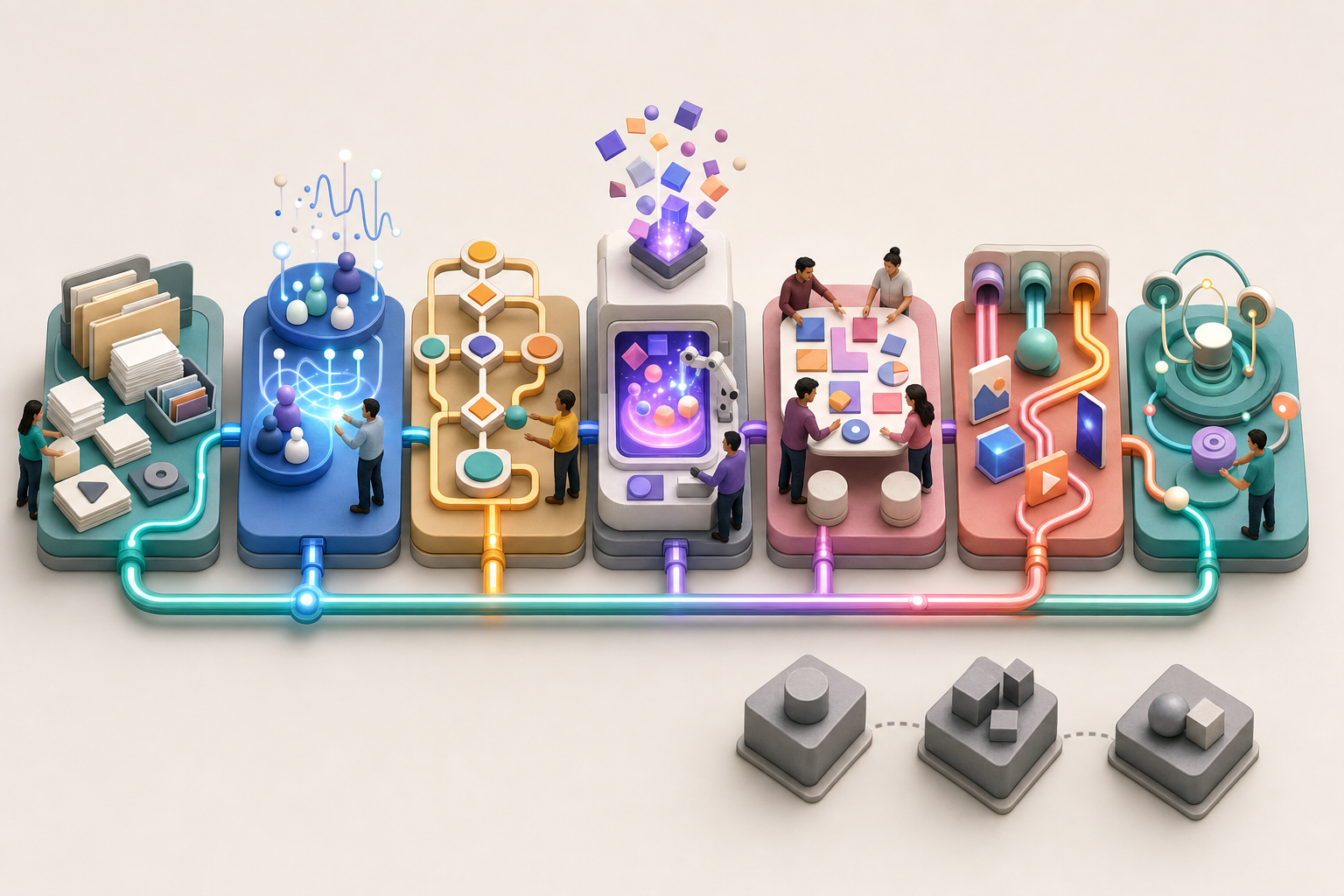 An isometric marketing workflow connects source materials, planning, AI creation, human review, distribution and feedback while isolated tool modules sit at the edge.