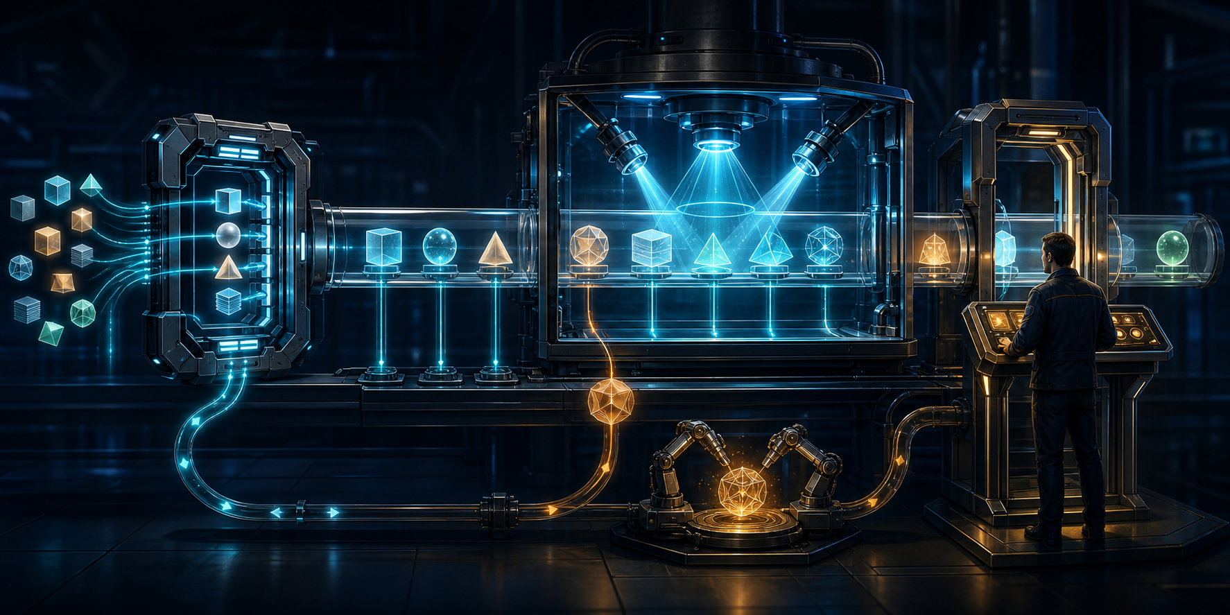 A transparent AI workflow passes content through an input gate, sensor-filled inspection chamber and human-supervised release gate, with source trails and a repair loop.