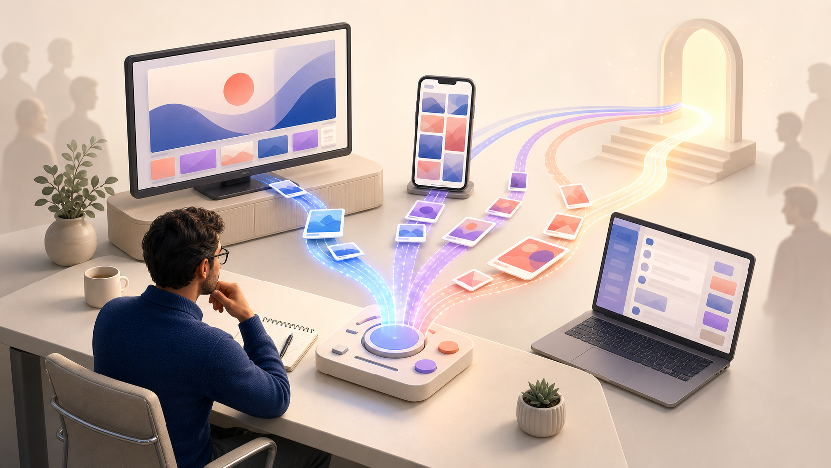 A marketing strategist coordinates visual campaign cards across a laptop, smartphone and video screen connected by glowing paths.