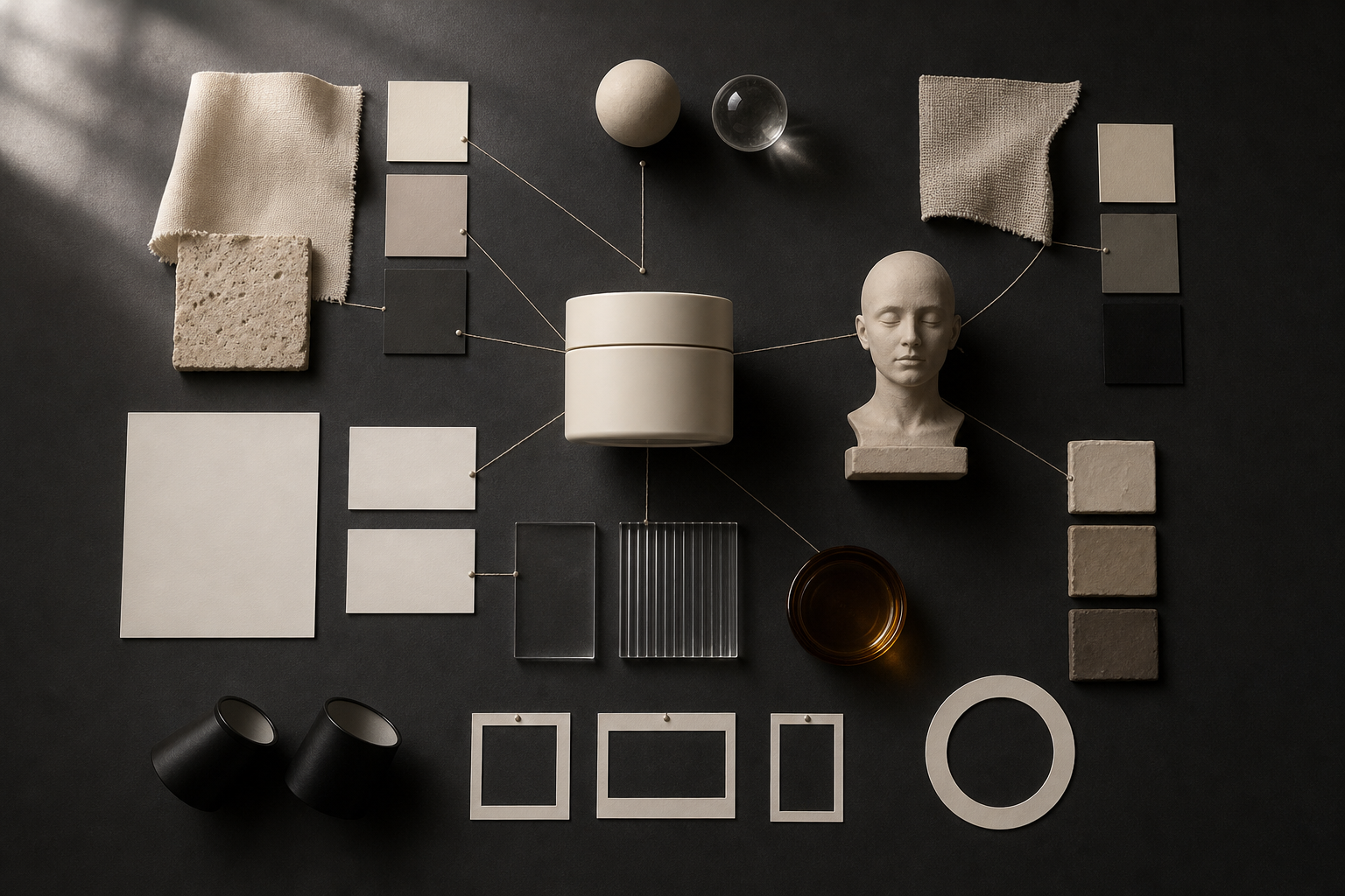 An overhead workspace shows an unbranded product, character model, color swatches, material samples, and blank composition cards arranged as a controlled visual brief.