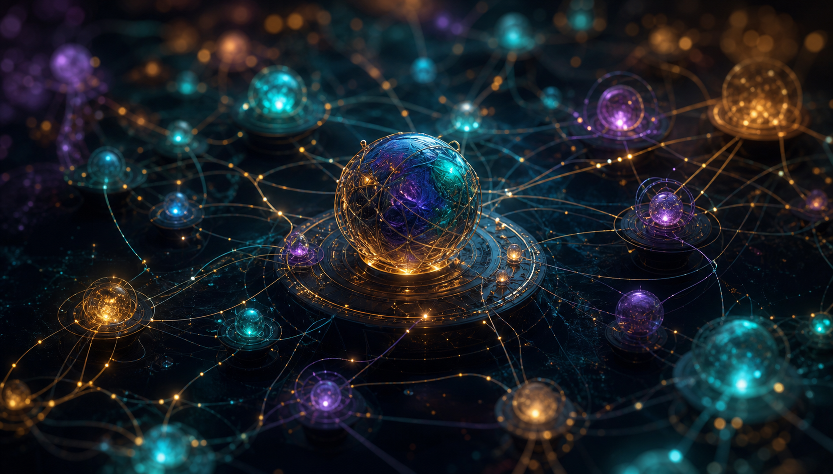 A central object is connected by glowing threads to clusters of surrounding nodes and neighboring objects.