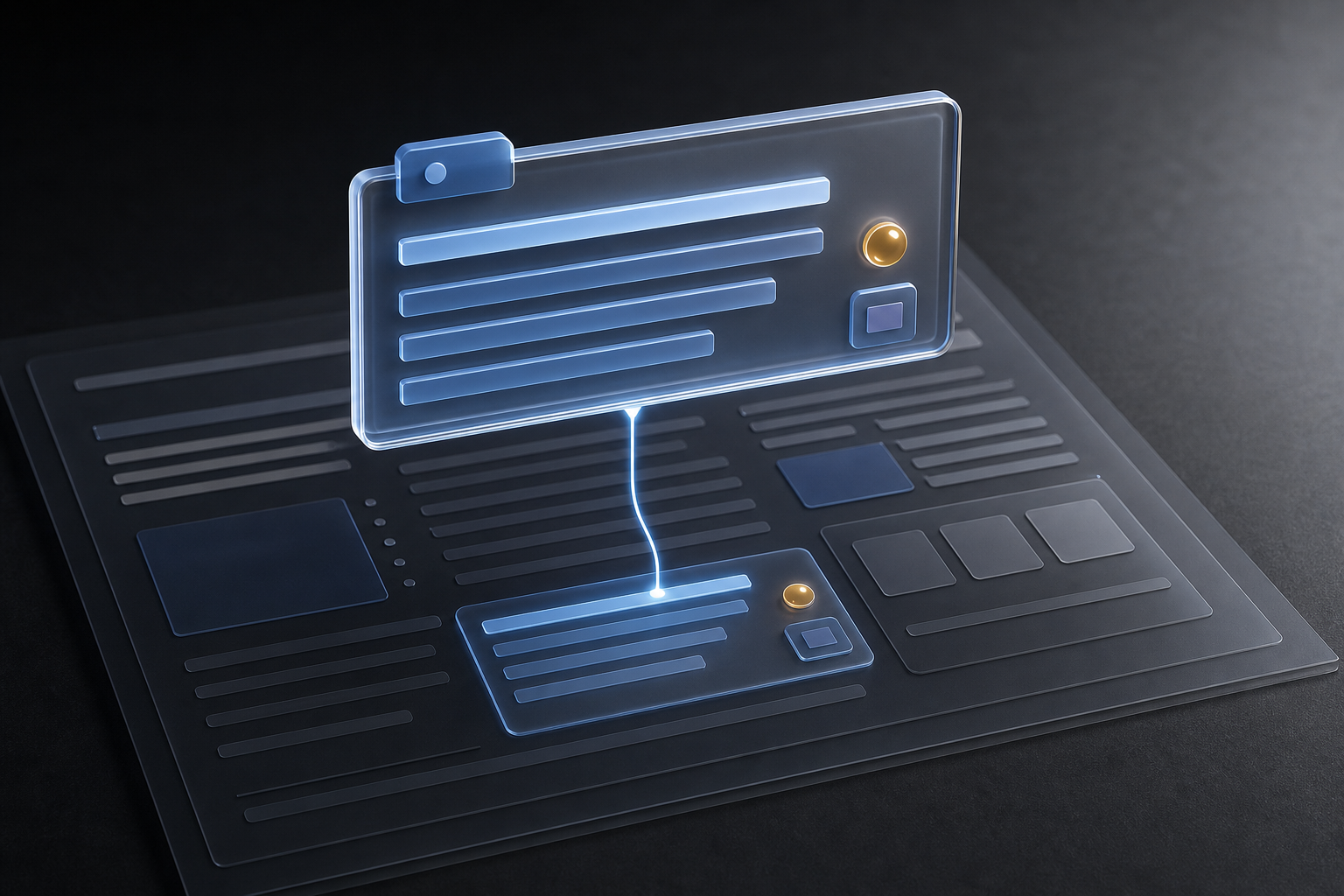A translucent answer card is lifted from an abstract document while its qualifier, evidence marker, date token, and source link remain attached.