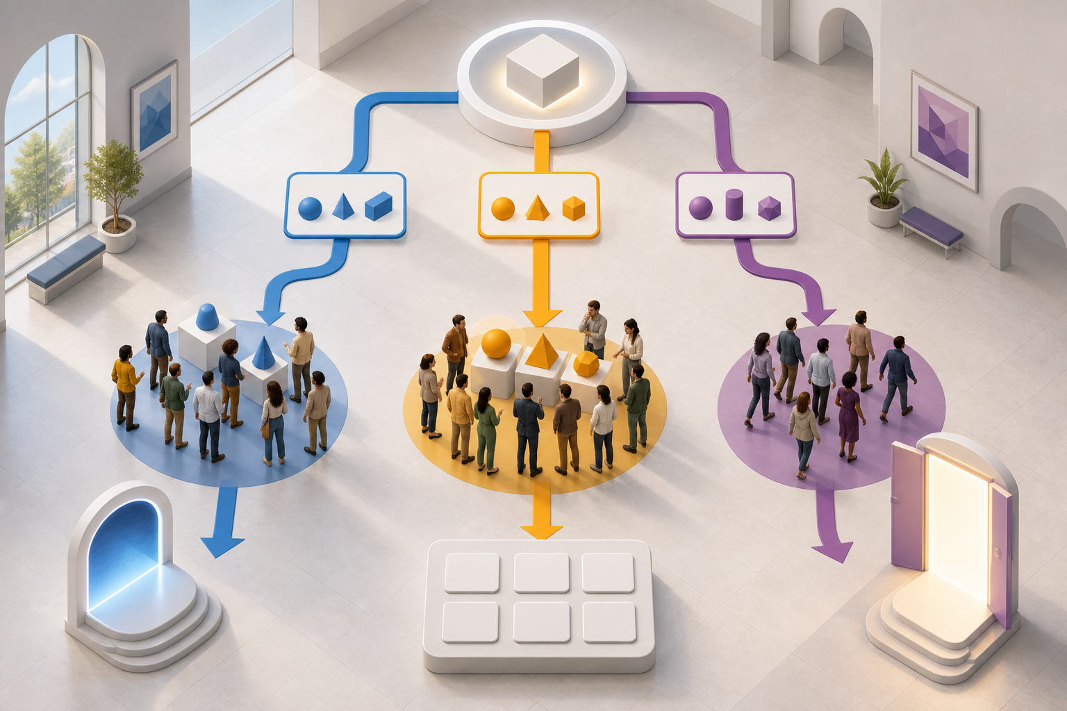 Three audience groups receive different visual messages, with colored paths leading each group toward a distinct next step.