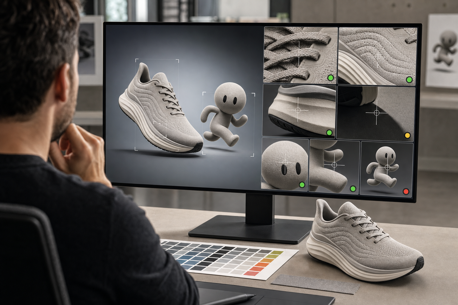 A reviewer compares an unbranded running shoe on a monitor with a physical sample while inspecting enlarged details, shadows, and materials.
