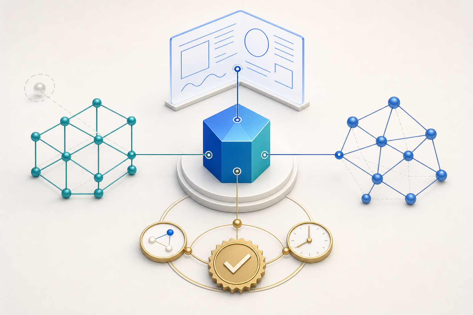 A central faceted object is aligned with an abstract content pane, a data-node lattice, and a ring of evidence and freshness symbols.