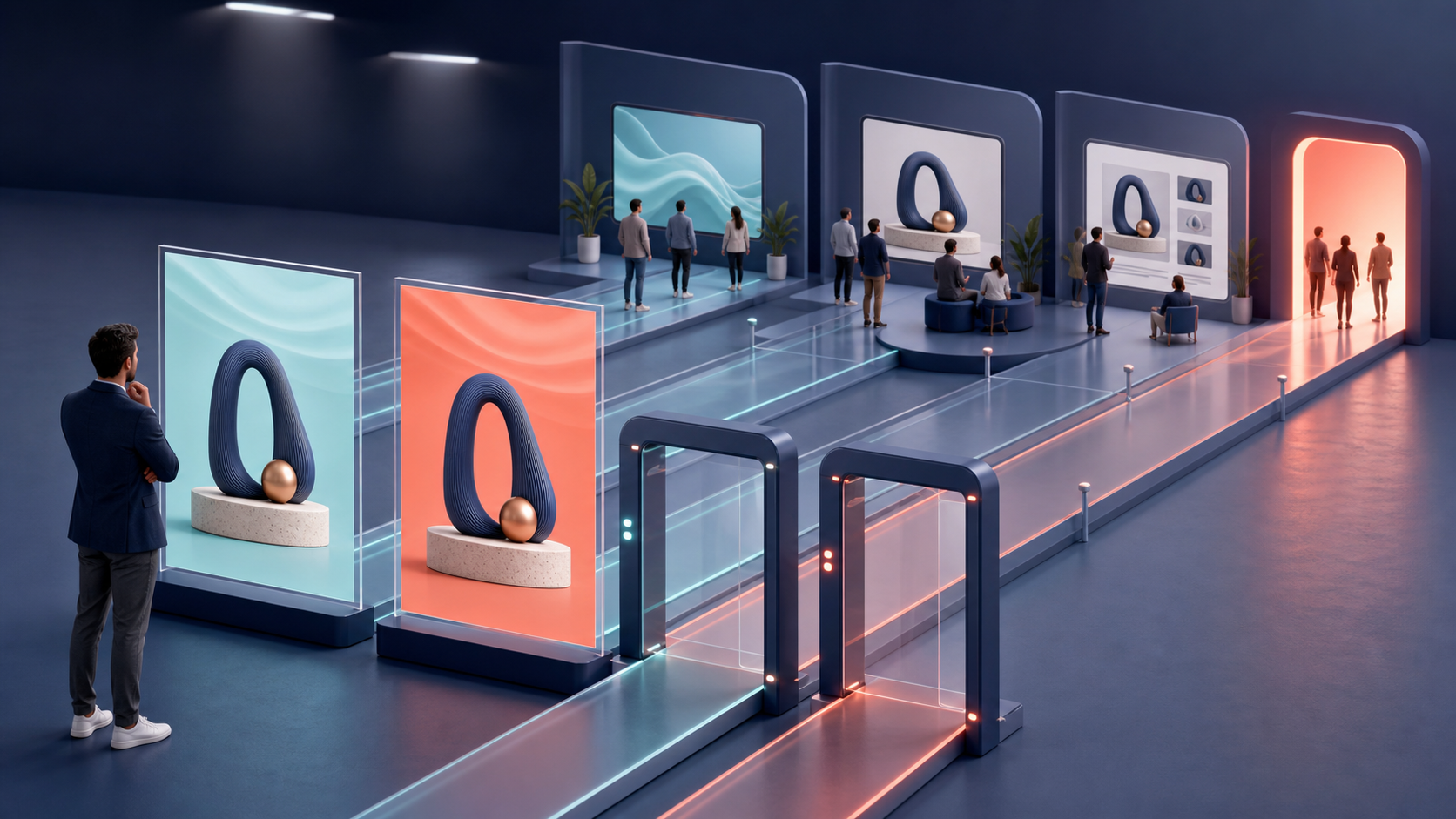 A strategist compares two controlled ad creative variations as parallel paths move through several customer journey checkpoints.