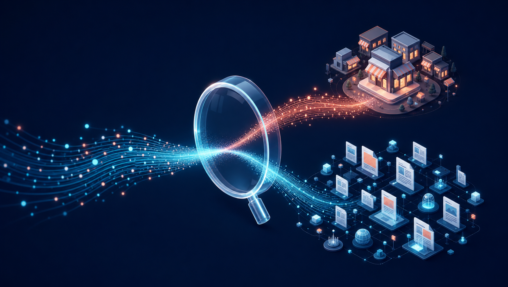 A magnifying lens separates one stream of glowing search signals into a familiar destination path and a broader discovery path.