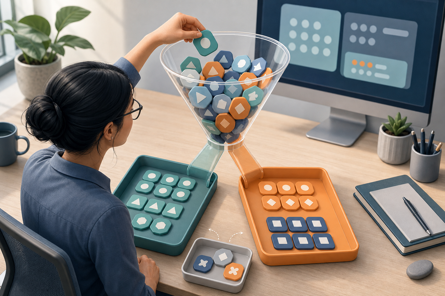 An analyst sorts anonymous query tiles through a transparent funnel into two trays, with ambiguous tiles set aside for review.
