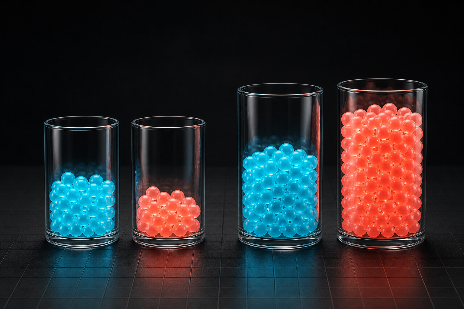 Two pairs of glass vessels hold different quantities and proportions of cyan and coral spheres.