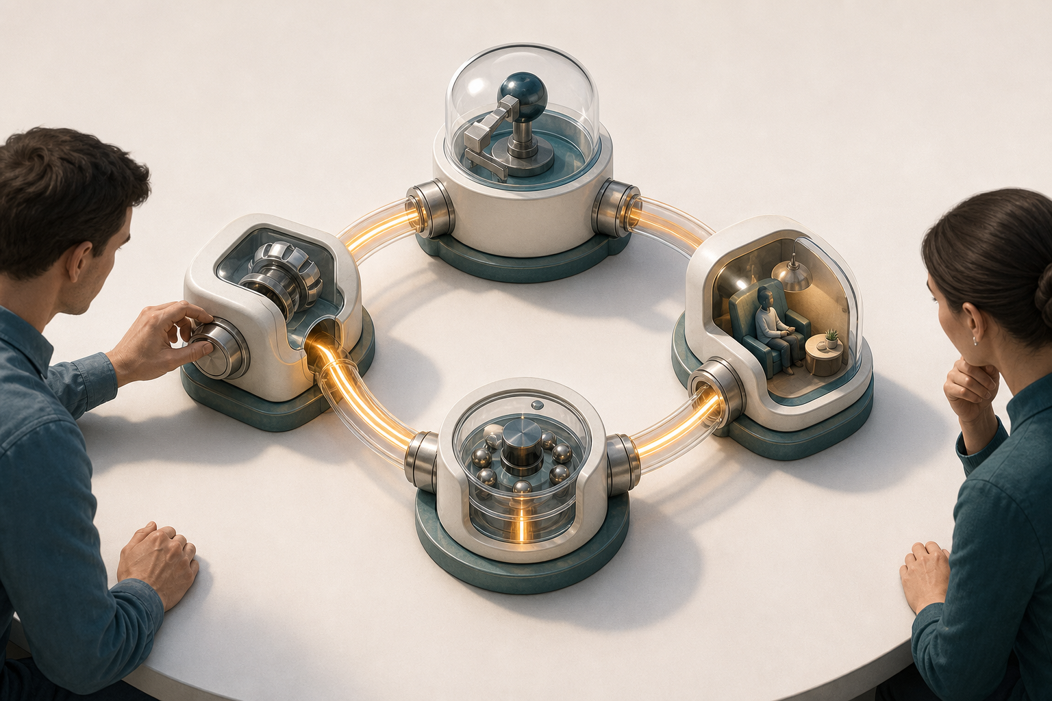 Two people oversee a compact circular feedback system in which a glowing customer signal passes through four connected modules and returns to its starting point.