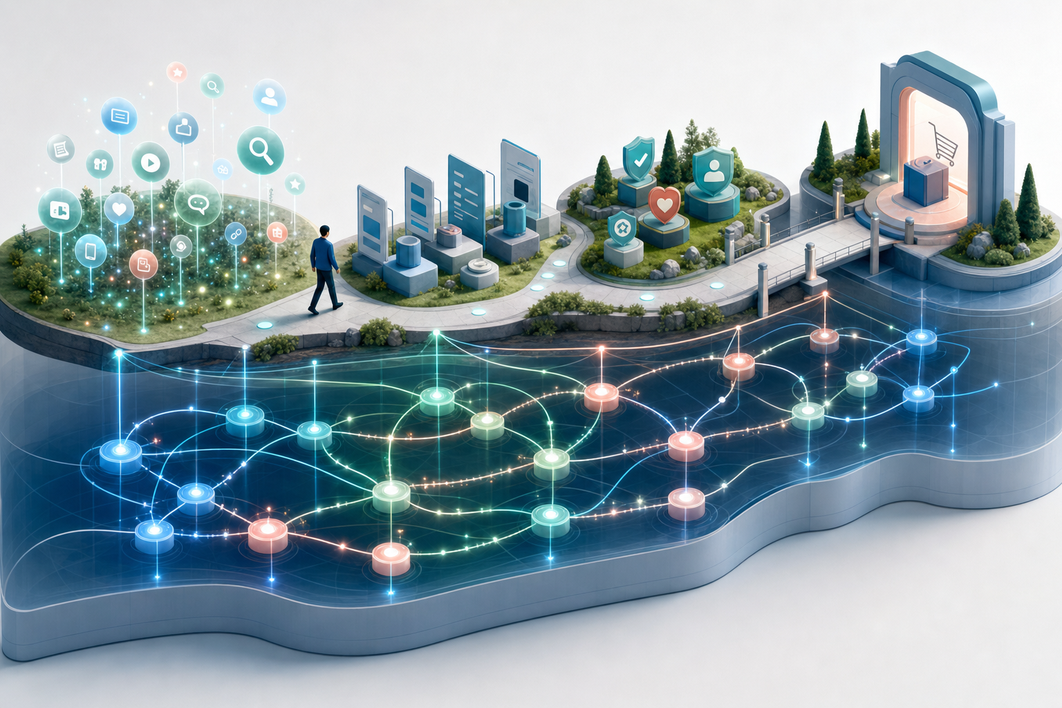 Isometric illustration of a buyer moving through discovery, comparison, trust, and purchase stages above a connected layer of measurement nodes.
